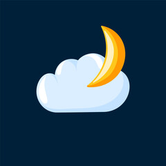 Crescent moon with cloud in cartoon. Design for weather icon, mobile app, and night designs.