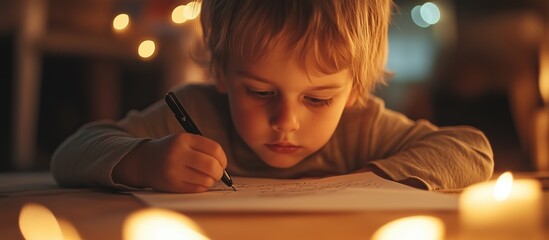 A young boy is focused on writing a letter to Santa by candlelight during the Christmas season.