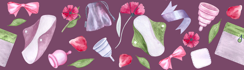 A menstrual cup, a period pad, a fabric pouch ribbons petals watercolor seamless border on purple. Great for eco-friendly menstrual care design, packaging, websites, tape Sustainable lifestyle
