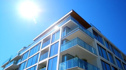 Obraz premium A modern apartment building with large windows and balconies under a bright sunny sky.