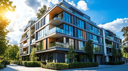 Fototapeta premium Modern apartment building with large windows and balconies.