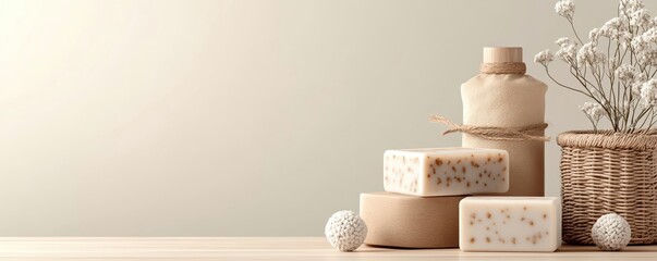 A serene display of natural soaps and decor in neutral tones, perfect for wellness and relaxation settings.