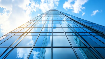 Fototapeta premium Low angle view of a modern glass skyscraper reflecting the blue sky and clouds.