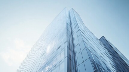 A low-angle view of a modern glass skyscraper reaching towards a clear blue sky.