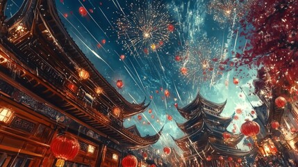 Obraz premium Vibrant Night: Fireworks and Lanterns Illuminate a Festive Street Scene