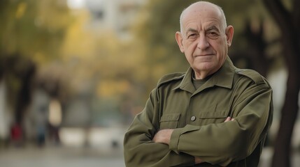 Obraz premium Elderly Israeli Male Veteran in Uniform Crossing Arms in Outdoor Setting Stock Photography for Diversity and Cultural Representation