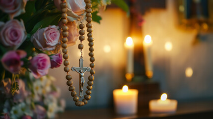 Wooden Rosary with Crucifix Hanging Among Flowers and Candles in Peaceful Religious Setting