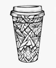 Fototapeta premium A black and white line drawing of a coffee cup with a geometric pattern.
