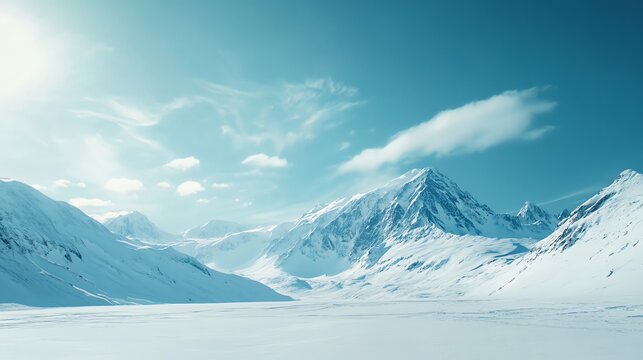 Snowy mountain range with a blue sky and white clouds.