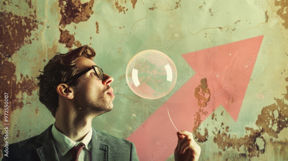 Poster a businessman wearing a tailored suit and glasses tries to pop a bubble floating in front of a large