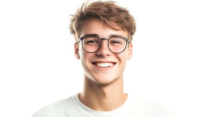 Fototapeta premium Smiling young man wearing glasses and a white t-shirt against a white background.