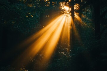 Sunlight streams through trees, creating a serene and enchanting forest atmosphere.