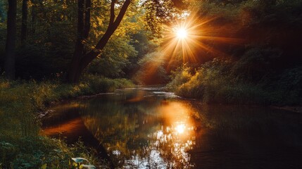A serene river scene at sunset with vibrant colors and lush greenery.