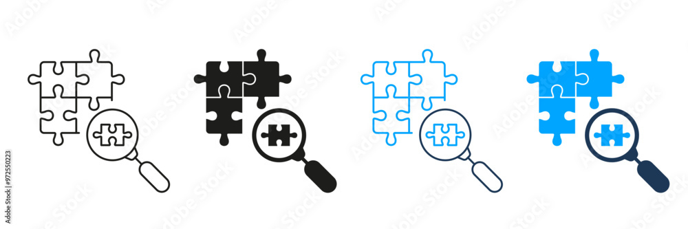 Aufkleber magnifying glass and jigsaw pieces line and silhouette icon set. teamwork connection. problem solvin
