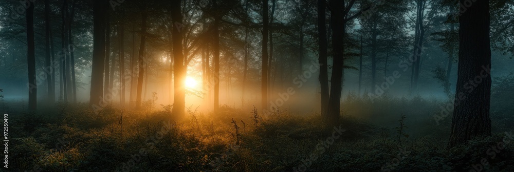 Poster a serene forest scene with mist and sunlight filtering through the trees.