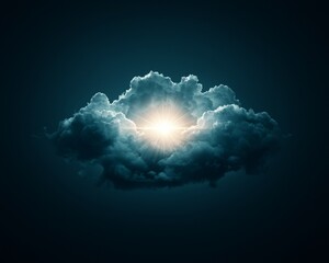A single cloud with a glowing light shining through it in the dark night sky.
