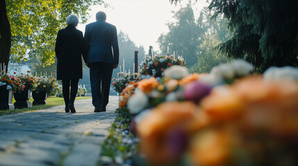 Elderly couple walking through cemetery with floral arrangements during a funeral