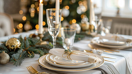 Holiday Dining Table with Gold Trim Plates and Christmas Decor