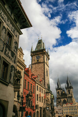 Low-angle view of the old clock tower in Prague, Czech