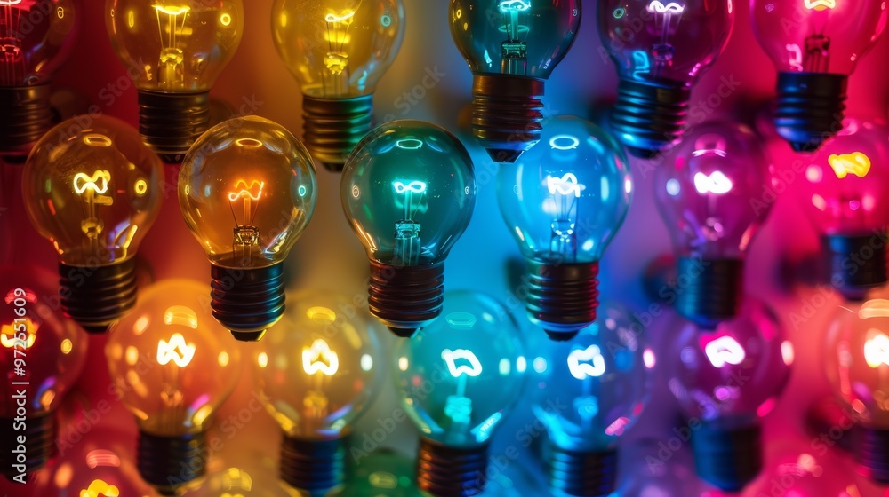 Poster A colorful pattern of shining light bulbs, arranged in a repetitive and energetic design. Close-up photo with clean background
