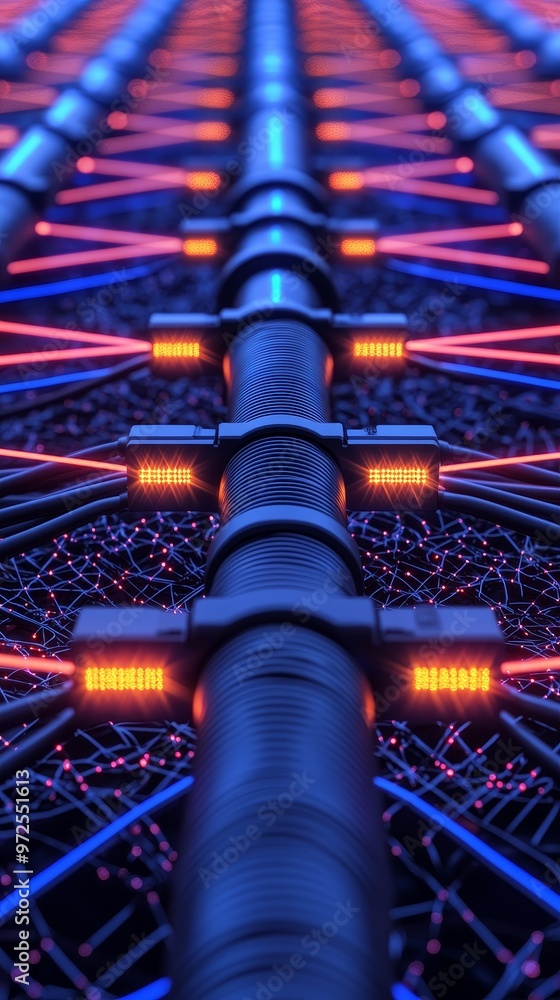 Poster abstract futuristic technology background with glowing lines and pipes.