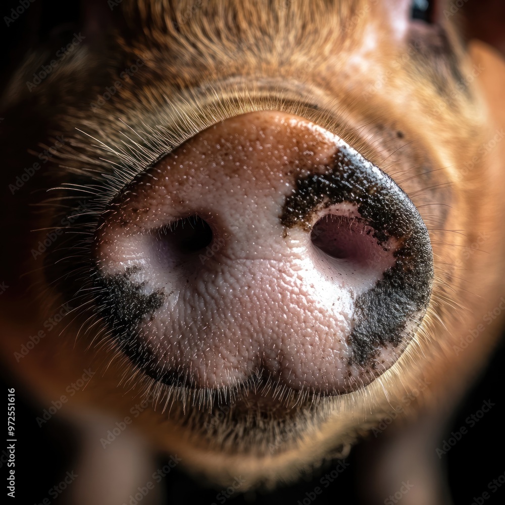 Poster close-up of a pig's snout highlighting its texture and features.