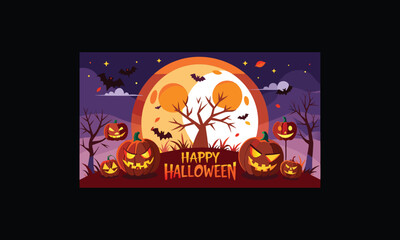 Vector Halloween Scene with Large Full Moon.
