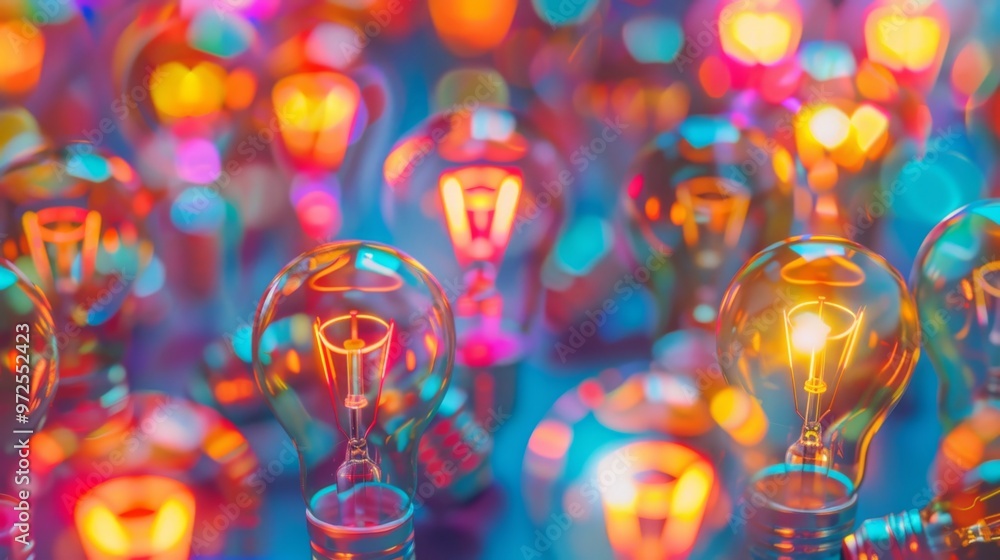Poster a colorful pattern of shining light bulbs, arranged in a repetitive and energetic design. close-up p