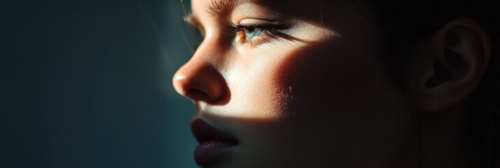 A close-up profile of a person illuminated by soft light, highlighting facial features.