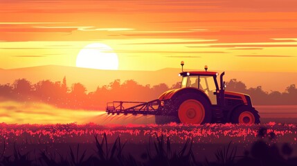 Fototapeta premium irrigation tractor driving spraying or harvesting an agricultural crop at sunset with information infographic data datum as banner design for agriculture industry and food supply production concepts