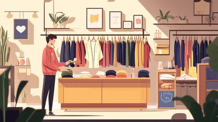 A young man stands in a stylish clothing store, browsing the racks of colorful garments.