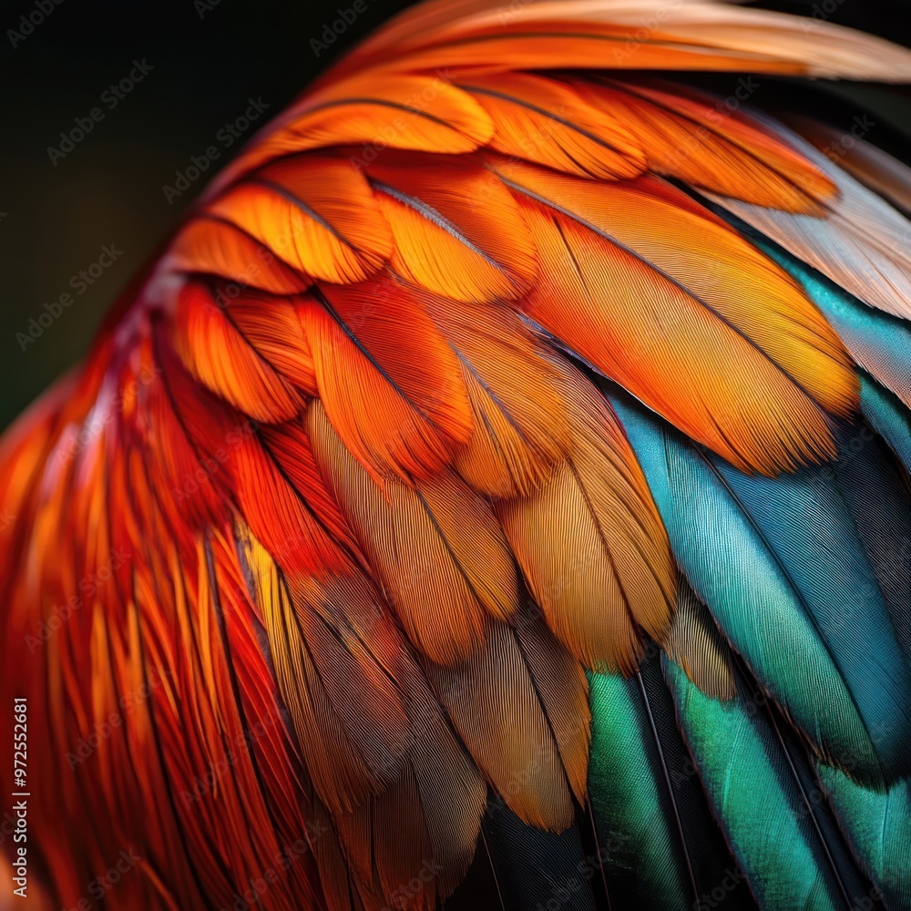 Poster close-up of vibrant bird feathers showcasing rich colors and intricate patterns.