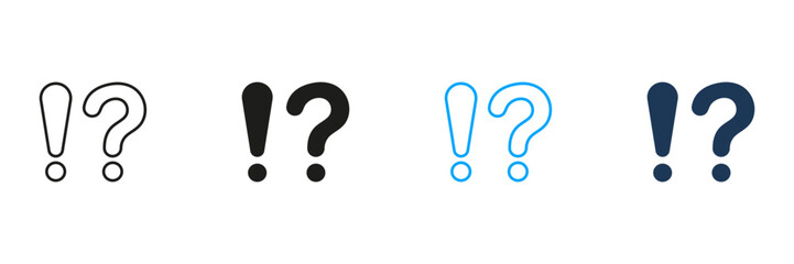 Question Mark and Exclamation Point Line and Silhouette Icon Set. FAQ, Answer Pictogram. Alert Symbol, Interrogative Warning Sign. Caution Information. Editable Stroke. Isolated Vector Illustration