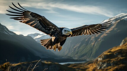 Fototapeta premium Bald Eagle in flight with mountains in the background at sunset.