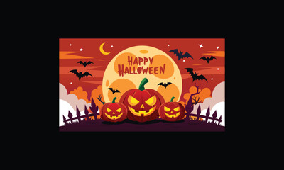 Vector Halloween Scene with Large Full Moon.