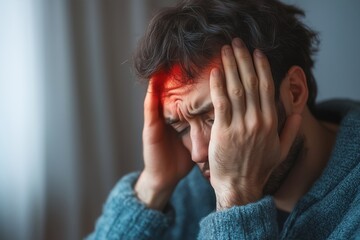 Fototapeta premium Brain disease causes severe chronic migraine headaches, adult man looks tired and stressed