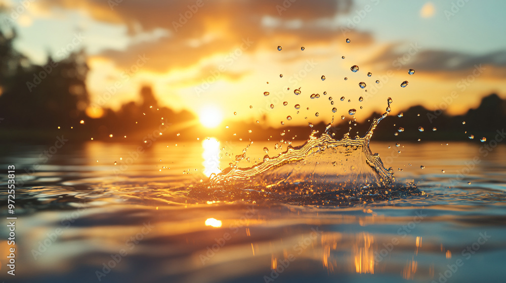 Poster mesmerizing sunset with water splashing gracefully, creating colorful reflections in a tranquil natu