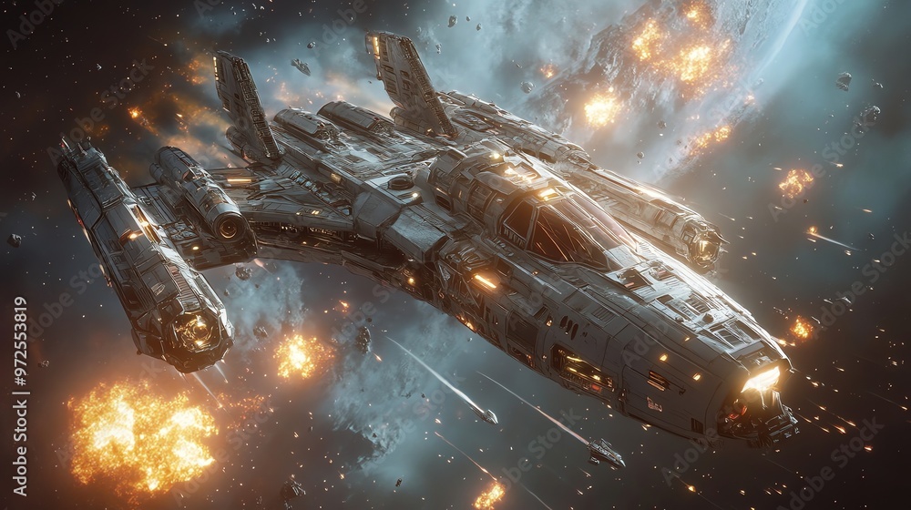 Poster futuristic spaceship flying through a nebula with explosions in the background.