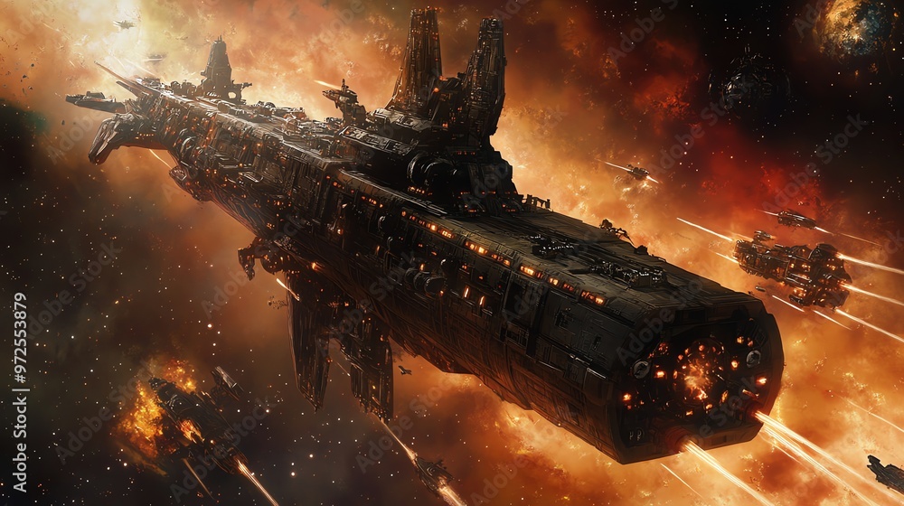 Aufkleber futuristic spaceship in a space battle with many other spaceships in the background.