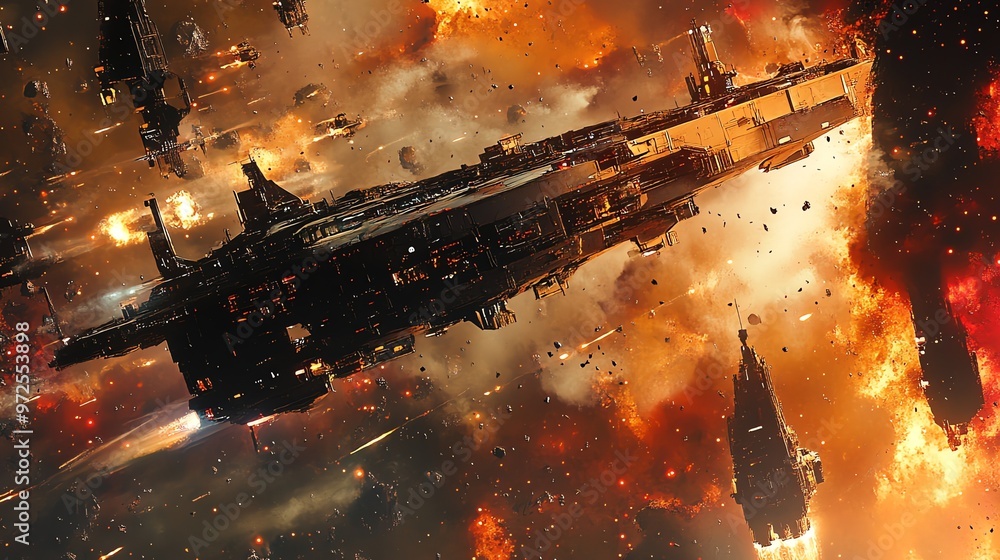 Poster spaceships in a chaotic battle with explosions and debris.