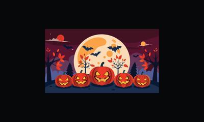 Vector Halloween Scene with Large Full Moon.