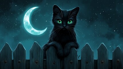 A black cat with piercing green eyes sits atop a wooden fence, gazing out at a crescent moon and a...