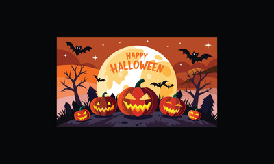 Vector Halloween Scene with Large Full Moon.