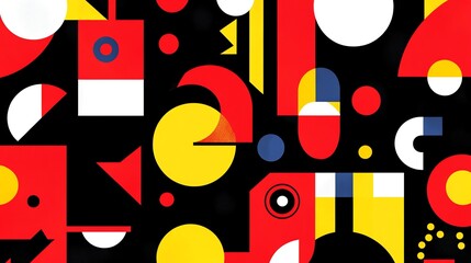 Abstract geometric pattern in red, yellow, white, and blue on a black background.