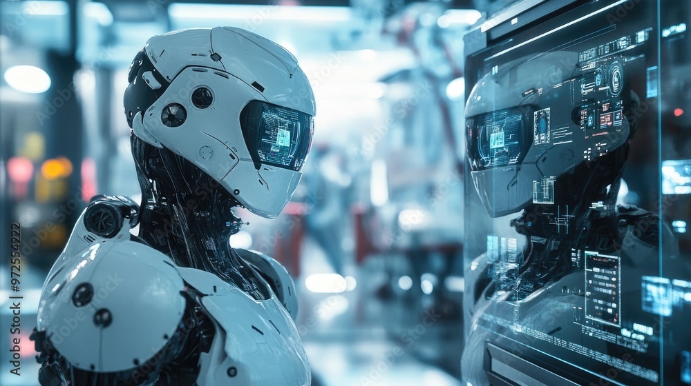Poster a futuristic ai robot stares at its mirrored reflection in a cutting-edge science lab, with digital 