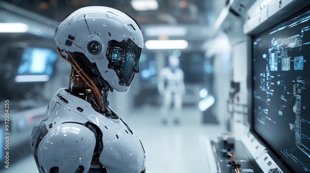 Poster a futuristic ai robot stares at its mirrored reflection in a cutting-edge science lab, with digital 
