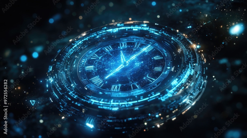 Poster a futuristic computer time clock floating in the vastness of space, surrounded by stars and cosmic e