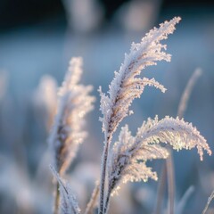 Frost-covered grass swaying gently in a serene winter landscape.