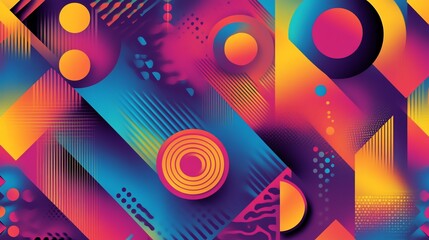 Fototapeta premium Abstract digital art with a mix of geometric shapes and patterns in a vibrant color palette.