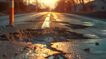 Sinkhole on road indicated by orange pole after flooding
